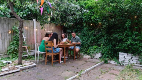 friends gathered in backyard for party - garden decoration photos et images de collection