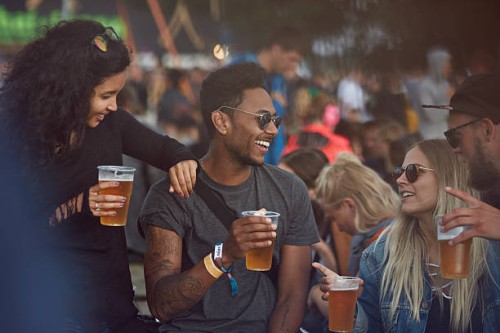 friends hanging out with beers at festival - concert stock pictures, royalty-free photos & images