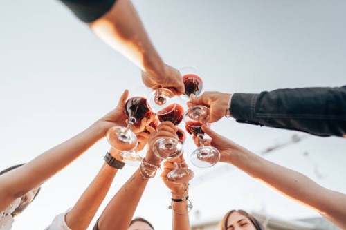friends toasting at home party - food stockfoto's en -beelden