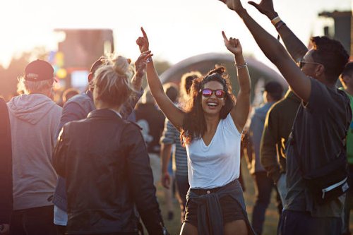 friends with arms in the air at festival concert - concert stock pictures, royalty-free photos & images