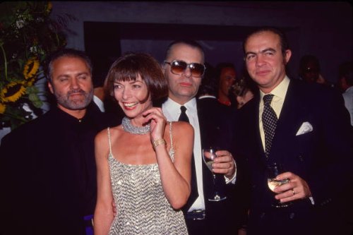 From left, Italian fashion designer Gianni Versace , British-American fashion editor & journalist Anna Wintour, German fashion designer Karl...