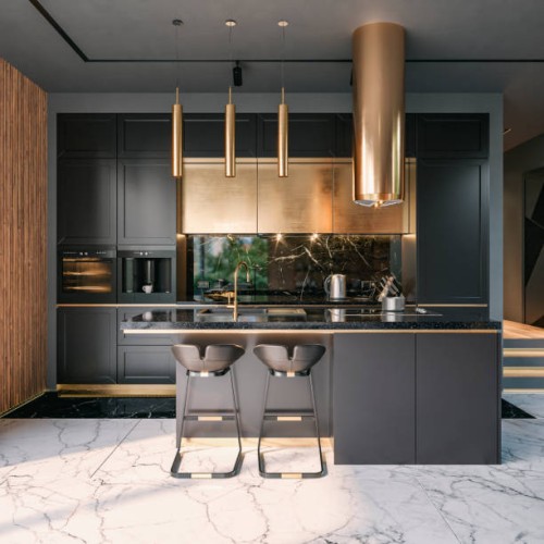 front view of a modern high black kitchen with rectangular black granite breakfast kitchen island and a corridor with steps on a side - home decoration stockfoto's en -beelden