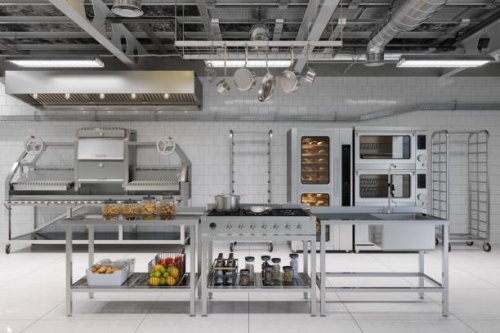 front view of modern industrial kitchen interior with kitchen utensils, equipment and bakery products - food stock pictures, royalty-free photos & images