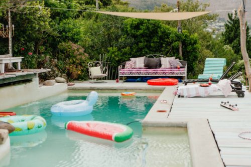 fun looking pool and poolside - garden decoration stock pictures, royalty-free photos & images