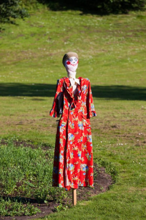 funny scarecrow stand in the garden - garden decoration stock pictures, royalty-free photos & images