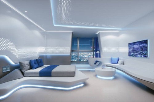 futuristic hotel room interior - home decoration stock pictures, royalty-free photos & images