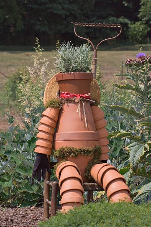 garden decoration sitting clay pot man - garden decoration stock pictures, royalty-free photos & images