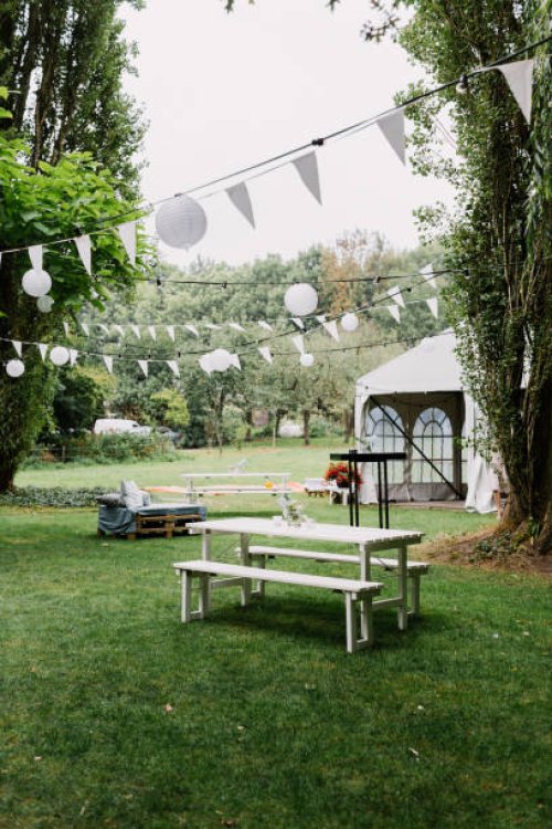 garden with party tent - garden decoration stock pictures, royalty-free photos & images