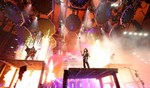 Gene Simmons, Eric Singer, Tommy Thayer and Paul Stanley of KISS perform during the final show of KISS: End of the Road World Tour at Madison Square...