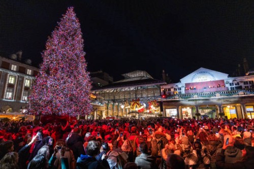General view during the official 2023 Covent Garden Christmas lights launch on November 07, 2023 in London, England.