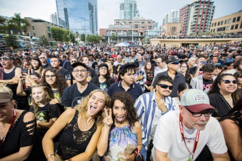 General view of the crowd as Crawlers perform on stage at Gallagher Square at Petco Park on August 11, 2024 in San Diego, California.