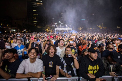 General view of the crowd as Wu-Tang Clan performs on stage on the final night of the "New York State of Mind Tour" at PETCO Park on October 06, 2022...
