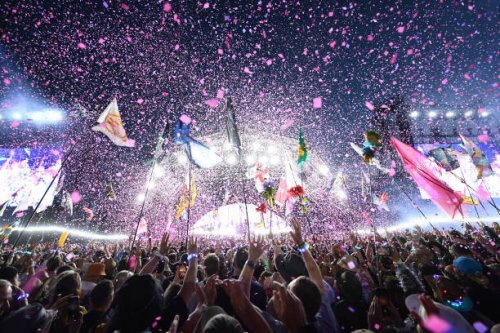 General view of the crowd listening to ColdPlay perform during day four of Glastonbury Festival 2024 at Worthy Farm, Pilton on June 29, 2024 in...