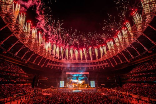 General view of the fireworks during Wizkid's performs at Tottenham Hotspur Stadium on July 29, 2023 in London, England.