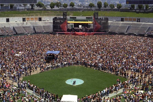 General view of the Oakland Coliseum Stadium showing crowds in teh venue watching a concert by the Rolling Stones and Santana on July 26, 1978.