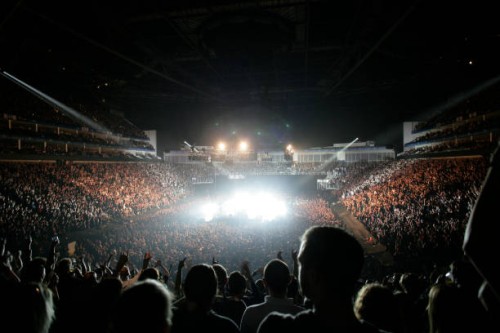 General view of the stage from the back of a large arena audeince during concert at the O2 Arena on September 15th, 2008 in London.