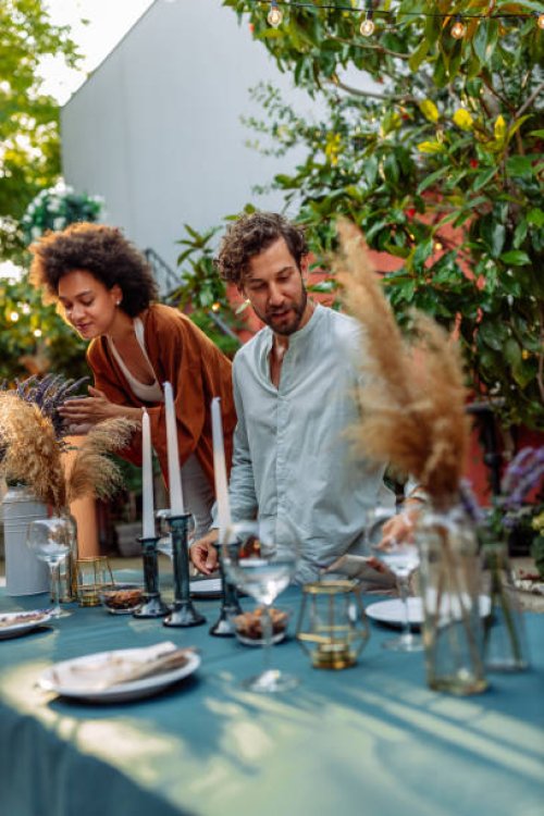 getting ready for backyard party - garden decoration stock pictures, royalty-free photos & images