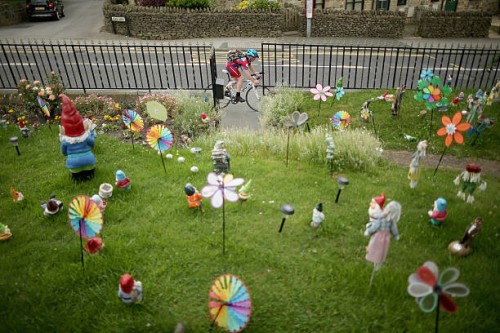 Giant gnomes and garden ornaments decorate the garden of a house on route two as Yorkshire prepares to host the Tour de France Grand Depart, on June...