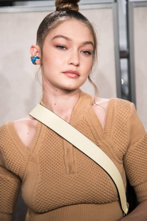 Gigi Hadid is seen backstage ahead of the Fendi show during Milan Fashion Week Spring/Summer 2019 on September 20, 2018 in Milan, Italy.