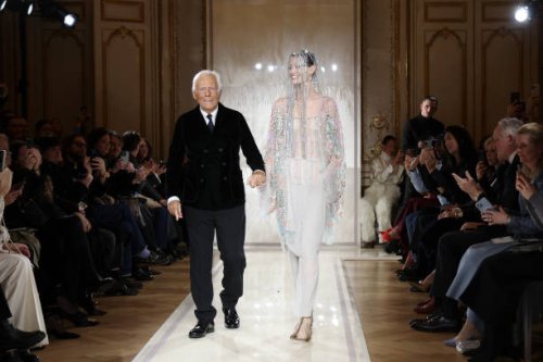 Giorgio Armani acknowledges the applause of the audience during the Giorgio Armani Privé Haute Couture Spring-Summer 2025 show as part of Paris...