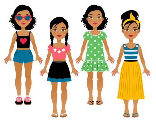 girl in summer clothes - hairstyle stock illustrations