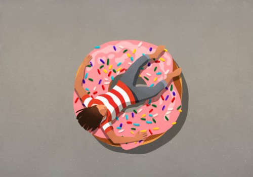girl relaxing on large donut with sprinkles - junk food stock illustrations