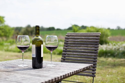 glasses and a bottle of red wine on an outdoor setting - garden decoration photos et images de collection