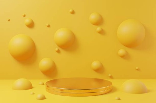 golden podium on yellow background with spheres. perfect for beuty products demonstration. - fashion stock pictures, royalty-free photos & images