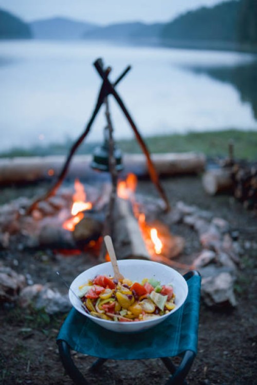 great looking and delicious food cooked at the campsite waits to be eaten next to the campfire - food stock pictures, royalty-free photos & images