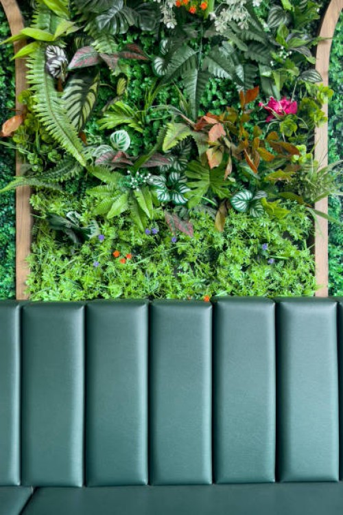 green booth backrest with tropical greenery wall - garden decoration stockfoto's en -beelden