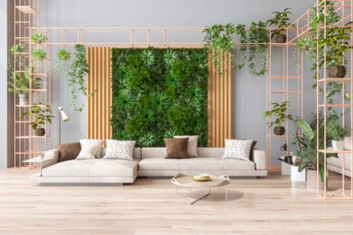 green living room with vertical garden, house plants, beige color sofa and parquet floor - garden decoration stock pictures, royalty-free photos & images