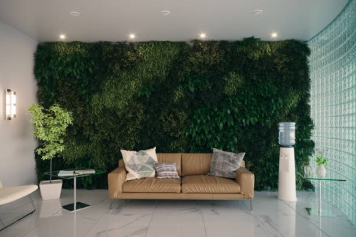 green waiting room with vertical garden - garden decoration stock pictures, royalty-free photos & images