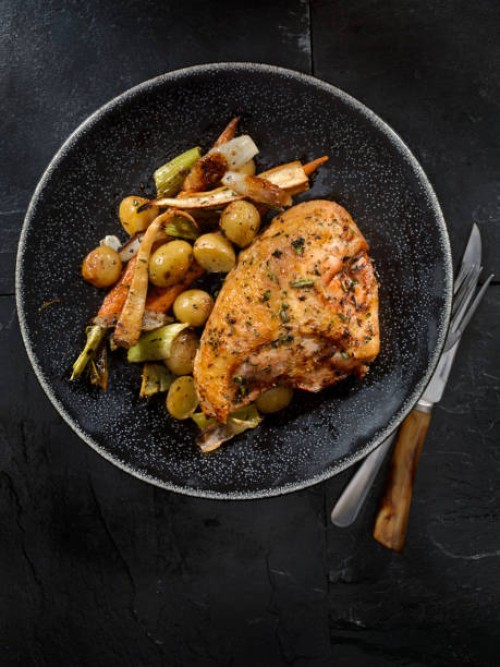 grilled bone in chicken breasts with vegetables - food stock pictures, royalty-free photos & images