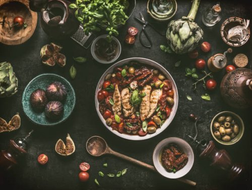grilled chicken breast with mediterranean ingredients sauce - food stock pictures, royalty-free photos & images