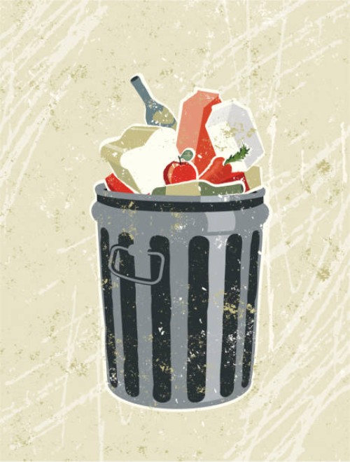 groceries and food in a garbage bin - food stock illustrations
