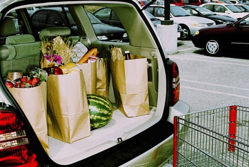 groceries in back of car, parked in parking lot (cross processed) - food stock pictures, royalty-free photos & images