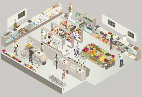 grocery store cutaway illustration - food stock illustrations