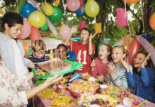 group children (9-12) at birthday party outdoors - garden decoration stock pictures, royalty-free photos & images