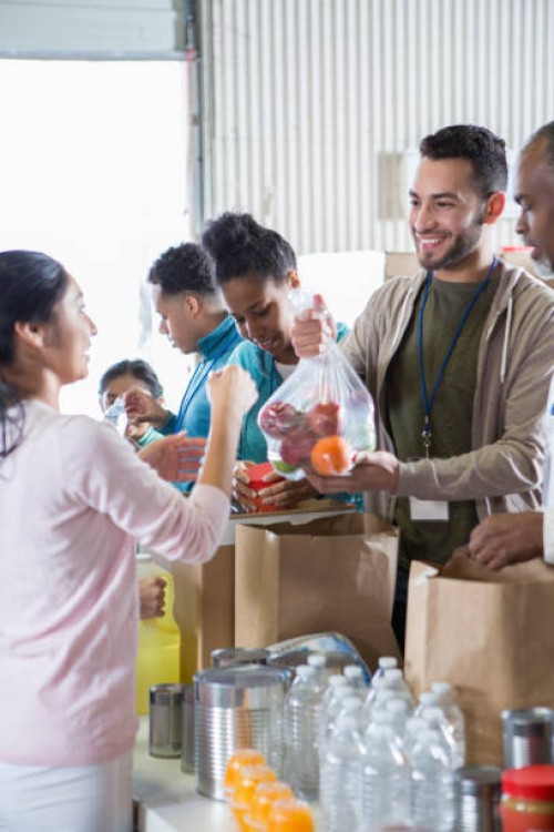 group of food bank volunteers accept and organize donations - food stock pictures, royalty-free photos & images
