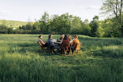 group of friends enjoying dinner in rustic field - food stock pictures, royalty-free photos & images