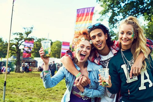 group of friends having fun at a music festival - concert stock pictures, royalty-free photos & images