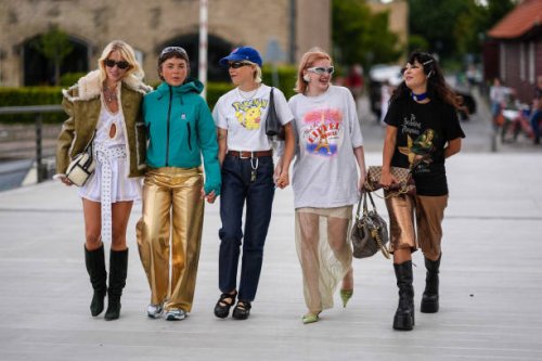 Group of guests is posing, during day four of the Copenhagen Fashion Week SS25 on August 08, 2024 in Copenhagen, Denmark.