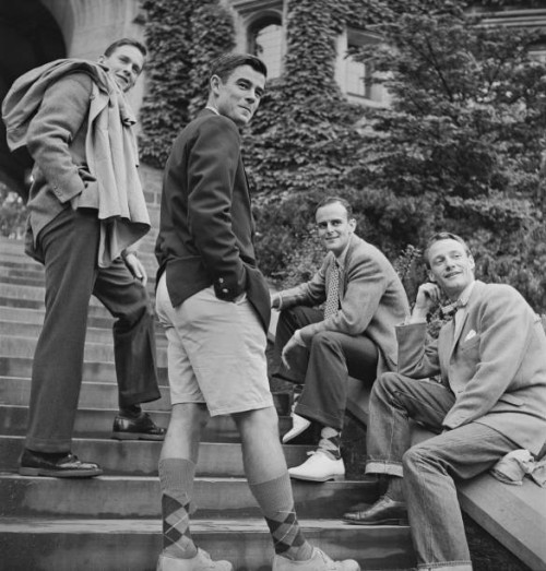 Group of young men in front of Blair Arch at Princeton University, New Jersey, . One young man is wearing jeans.