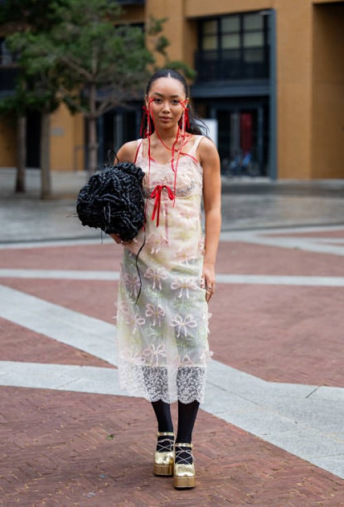 Guest is seen wearing black bag, transparent dress outside Simone Rocha during London Fashion Week September 2023 on September 17, 2023 in London,...