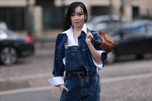 Guest seen wearing Miu Miu blue cord dungarees, Miu Miu matching blue cord jacket, a white shirt, Miu Miu black leather belt with golden details and...