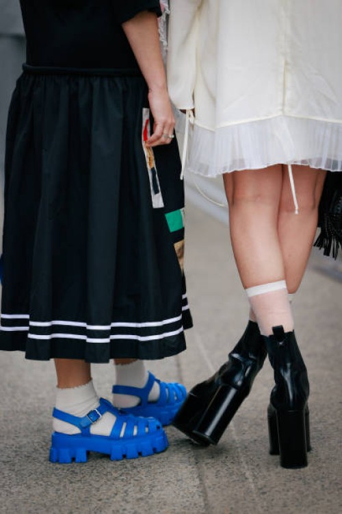Guest wearing blue jelly sandals during Australian Fashion Week Presented By Pandora 2024 at Carriageworks on May 16, 2024 in Sydney, Australia.