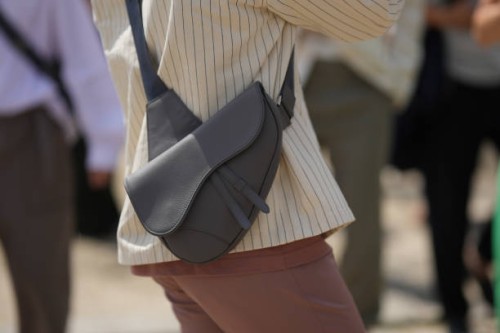 Guest wears a white latte denim with small striped print pattern jacket from Dior, a dark brown matte leather crossbody Saddle bag from Dior, brown...