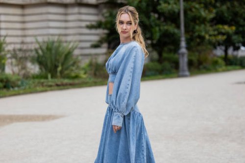 Guest wears denim cut out dress outside Zimmermann during the Womenswear Fall/Winter 2025/2026 as part of Paris Fashion Week on March 10, 2025 in...