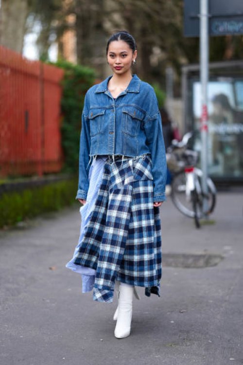Guest wears silver earrings, navy blue cropped denim jean jacket, light blue white striped dark blue plaid pattern midi skirt, white pointed toe...