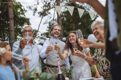 guests at the table are standing and clinking with champagne glasses. - garden decoration stock pictures, royalty-free photos & images